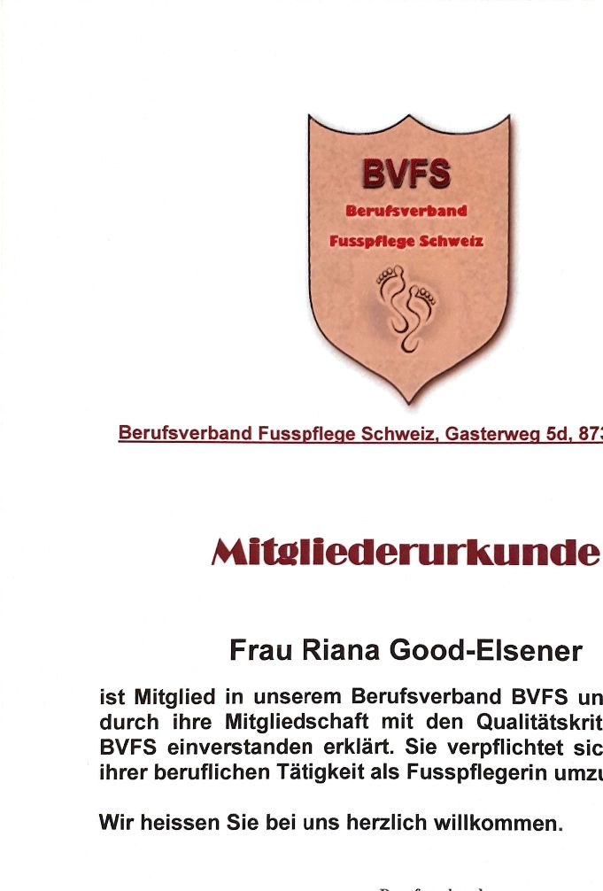 Mitgliederurkunde Berufsverband Fusspflege Schweiz